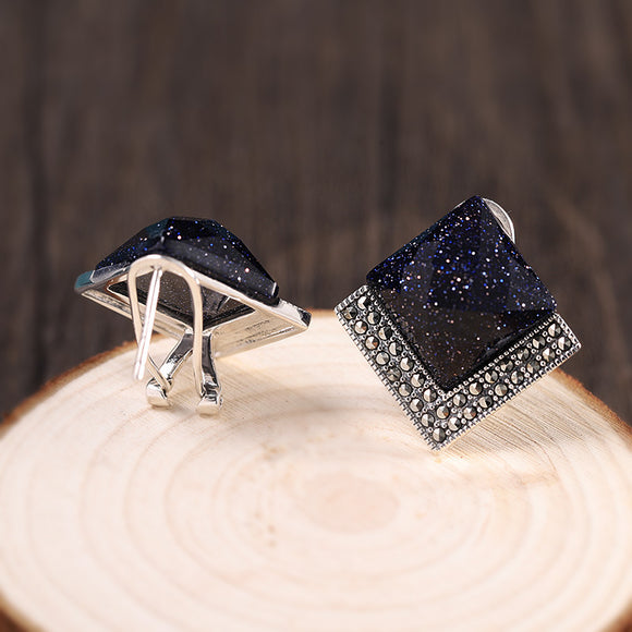 Aretes de Plata Tailandesa Azul Arenado Facetados para Mujer