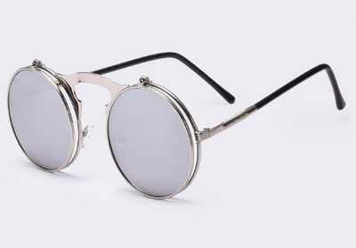 Retro flip-up sunglasses with round dark polarized lenses and a gold-tone metal frame with dark red temples. - Image 8