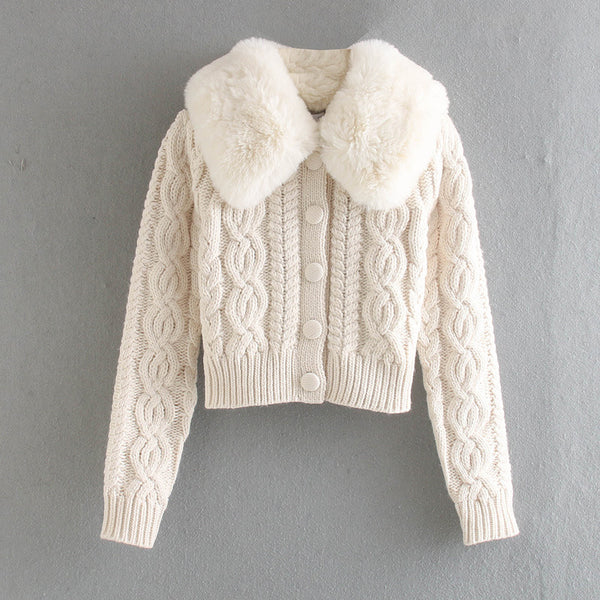 Cardigan Tejido Suave con Cuello de Pelaje - Chaqueta Acogedora
