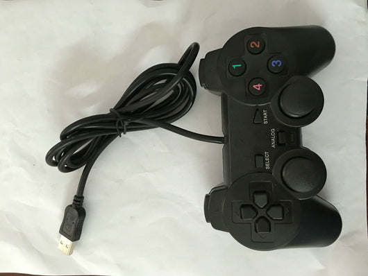 Black USB wired gamepad controller with a D-pad, dual analog sticks, and four colored action buttons. - Image 3
