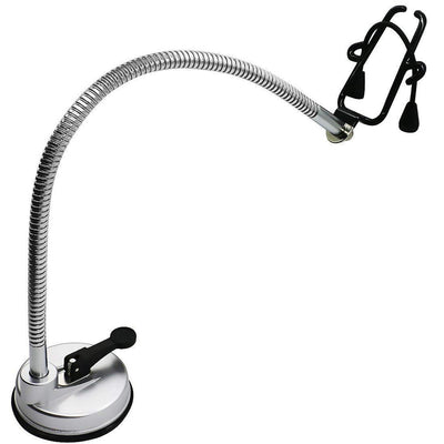 Hands-free hair dryer holder with a flexible silver gooseneck arm and a black suction cup base, holding a black hair dryer. - Image 6