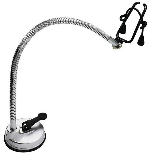 Hands-free hair dryer holder with a flexible silver gooseneck arm and a black suction cup base, holding a black hair dryer. - Image 6