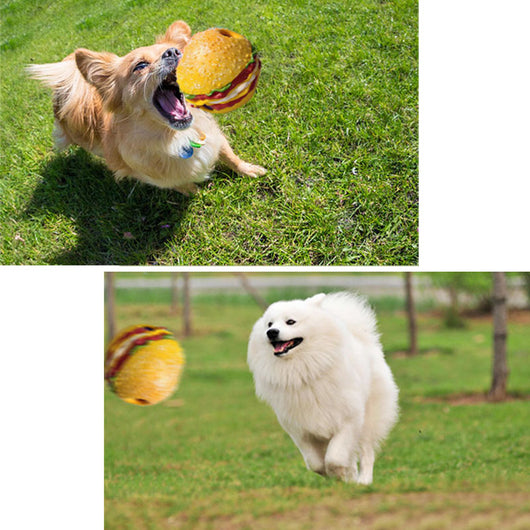 Yellow hamburger-shaped dog sound toy pet ball with red, white, and green details, featuring textured surfaces and purple sound components. - Image 4