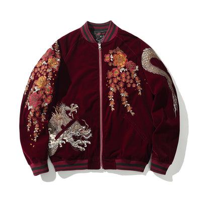 Chaqueta Beisbolera Hombre con Bordado de Dragones y Perla