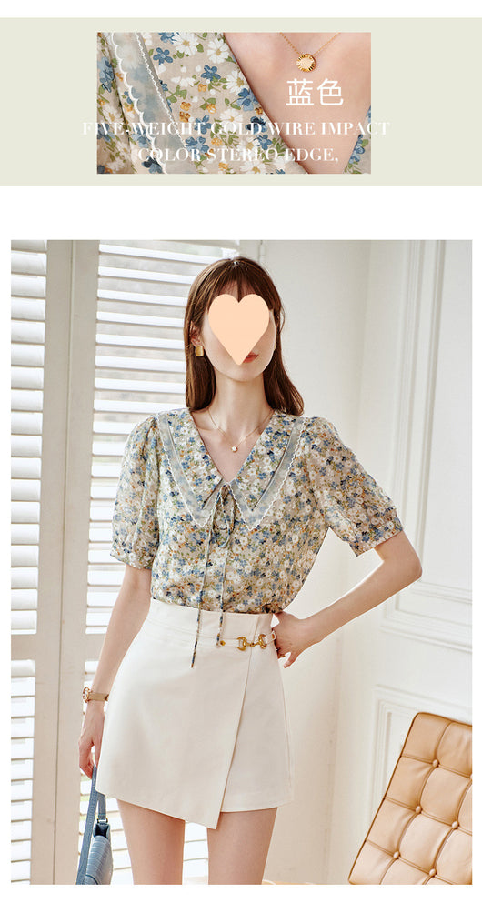 Blusa Elegante Cuello Francés Efecto Reductor en Chifón Floral - Image 9
