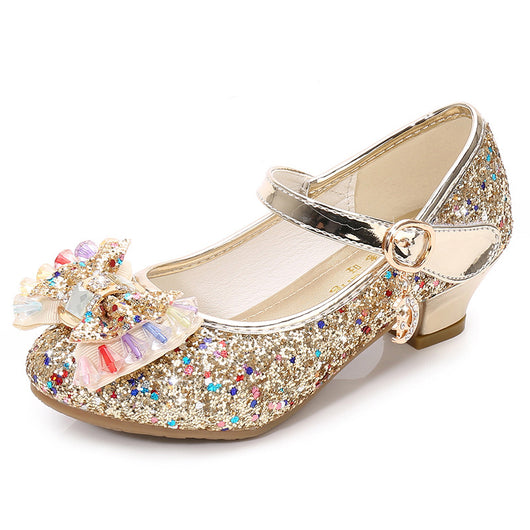 Red glitter Mary Jane shoes for girls with a decorative bow, clear and pink crystals, and a moon and star charm. - Image 9