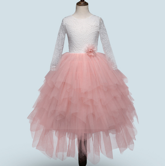 Vestido Princesa Niña Encaje Manga Larga Blanco Irregular Otoño Invierno - Image 6