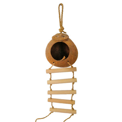 Natural coconut shell bird nest with a wooden ladder, featuring a hanging rope for small birds or hamsters. - Image 7