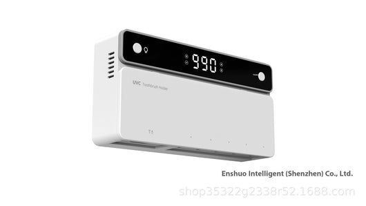 Black wall-mounted UVC toothbrush sterilizer with digital display, holding one manual and three electric toothbrushes. - Image 8