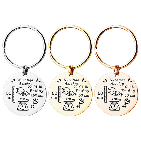Llavero Redondo de Acero Inoxidable Personalizado para Nacimiento de Bebé