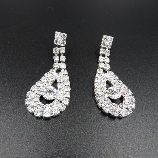 Silver-toned rhinestone necklace and matching drop earrings set with iridescent accents, ideal for bridal or formal wear. - Image 3