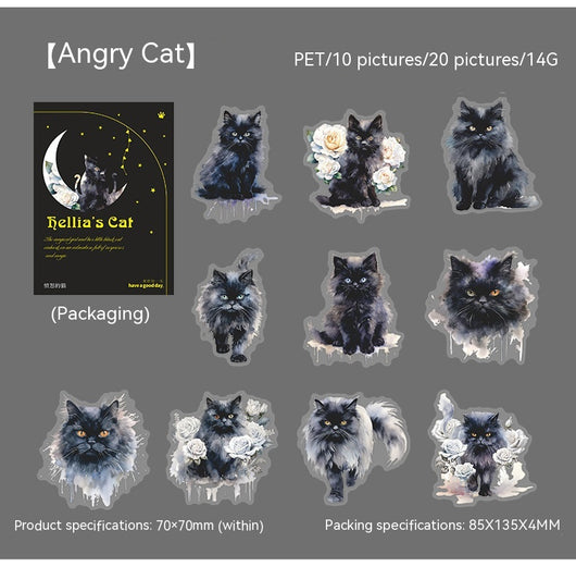 Set of die-cut PET stickers featuring various black cats with purple and blue watercolor effects, some with moons, stars, or wizard hats. - Image 18