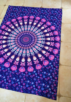 Large blue mandala hanging cloth with a detailed circular pattern and floral borders, made of chemical fiber. - Image 16
