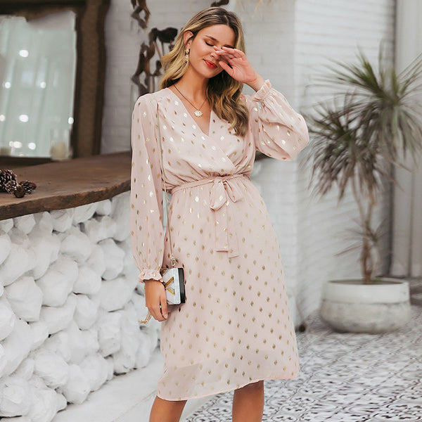 Vestido Midi con Mangas Farol y Cinturón
