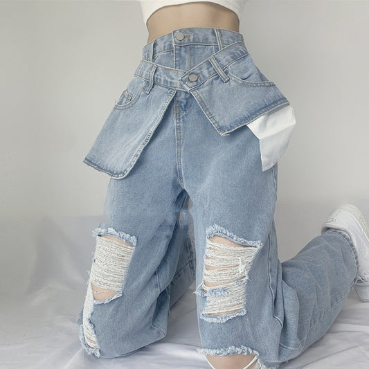 Jeans Crossover Talle Alto Suelto Estilo Street Hot Girl