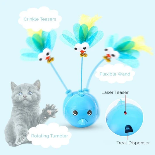 Purple electric tumbler cat toy with a blue bird-like top, pink feathers, googly eyes, and small bells. - Image 2