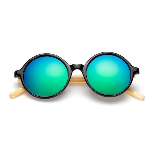 Round black frame sunglasses with gray lenses and light wood bamboo temples, shown from multiple angles. - Image 7