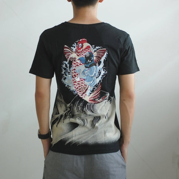 Camiseta Dragón Carpa Bordado Chino - Manga Corta