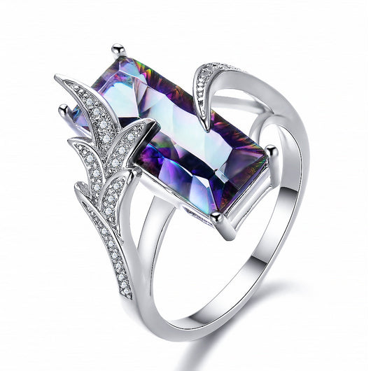 Anillo de Hoja Ópalo Multicolor con Diamante Blanco