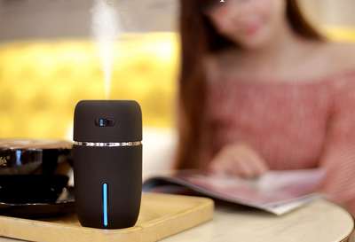 Black portable humidifier with a silver band, a power button, and a water level indicator, suitable for car or home. - Image 15
