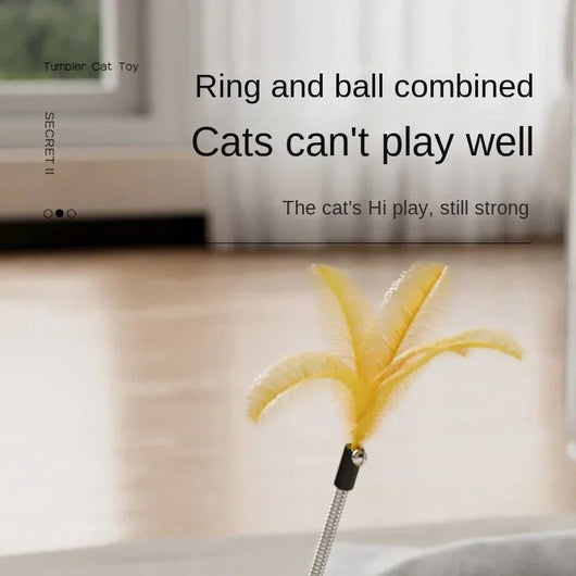 Yellow UFO tumbler cat toy with rolling balls, a clear dome, and a spring-mounted feather wand with a bell. - Image 5
