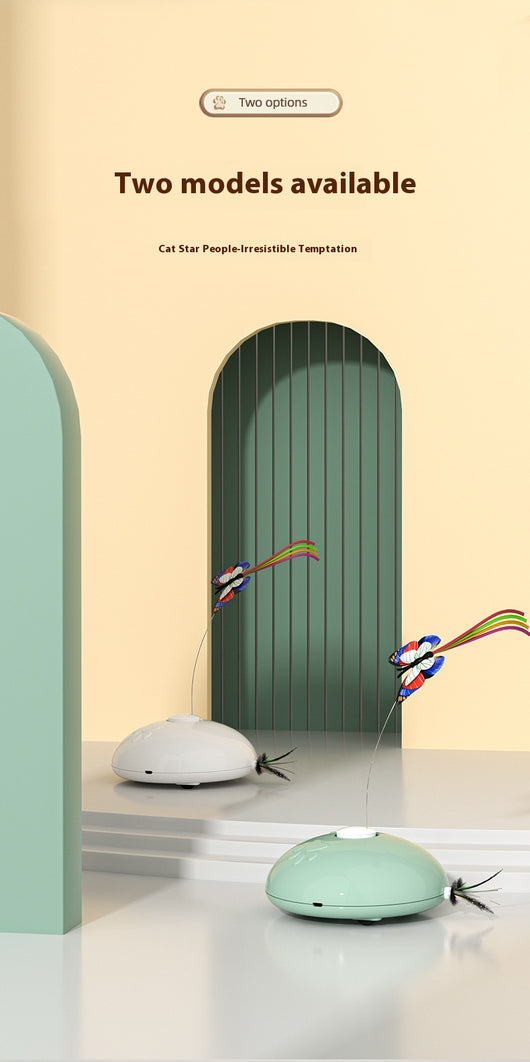 White electric cat toy with a colorful butterfly on a flexible wire and green feathers extending from the base. - Image 15
