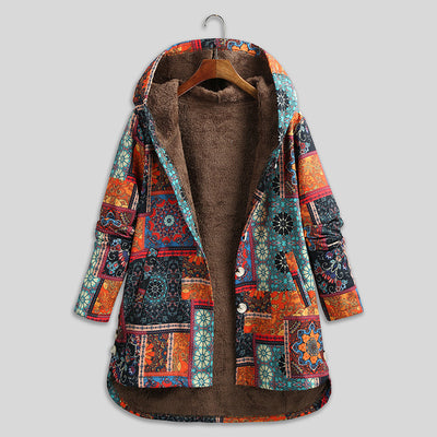 Chaqueta de Algodón Talla Grande con Estampado Floral Étnico Retro
