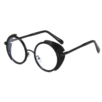 Round gold-framed sunglasses with light blue lenses and decorative side shields, featuring black temple tips. - Image 11