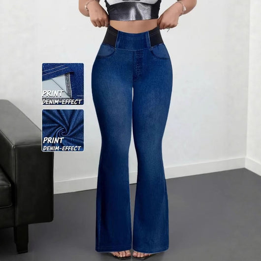 Pantalón Slim Fit Talle Alto Elástico con Estampado Tipo Denim
