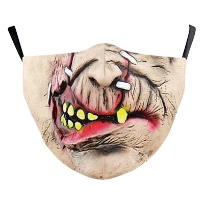 Red textured Halloween face mask with a grotesque skin design, prominent nose, and open mouth, featuring black ear loops. - Image 19