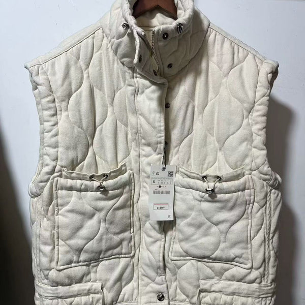 Chaleco Casual de Algodón Gris para Mujer con Cuello de Pie