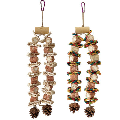 Colorful parrot bird toy with corn cobs, wood blocks, and pinecones, strung on rope with a metal hook, 50cm long. - Image 5