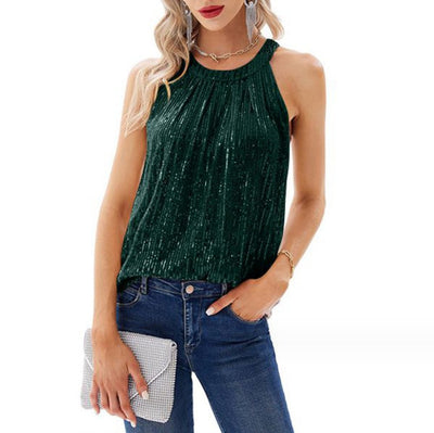 Blusa Escotada Halter con Lentejuelas y Cuello Redondo - Image 4