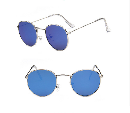 Two pairs of round gold-frame sunglasses, one with mirrored orange lenses and one with solid red lenses. - Image 9