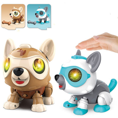 Brown and white electronic robot dog toy with green eyes, red tongue, and a small brown bone accessory. - Image 3