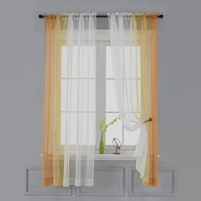 Pink and white gradient sheer rod pocket curtain panels hung on a black rod in front of a window. - Image 5