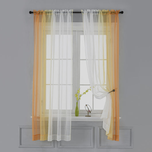 Pink and white gradient sheer rod pocket curtain panels hung on a black rod in front of a window. - Image 5
