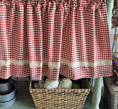 Red and white gingham kitchen or bathroom curtain with a white lace ruffled bottom, designed for rod suspension. - Image 9
