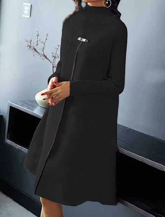 Vestido Elegante de Cuello Alto Manga Larga Efecto Adelgazante con Bajo Amplio - Image 3