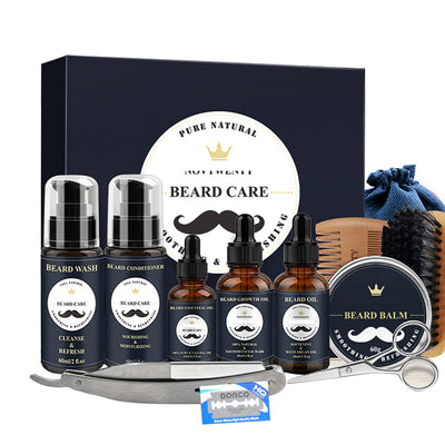 A comprehensive beard care kit with beard wash, essential oil, growth oil, beard oil, conditioner, balm, brush, comb, scissors, and razor. - Image 14