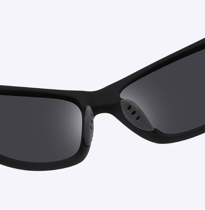 Black sports sunglasses with dark gray lenses and a matte finish, featuring a wrap-around frame style. - Image 15