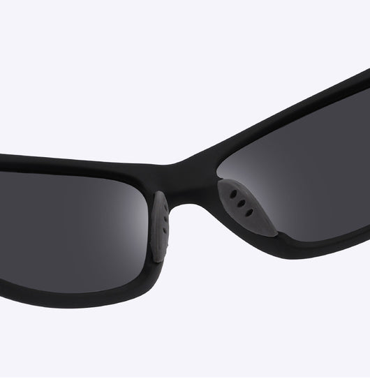 Black sports sunglasses with dark gray lenses and a matte finish, featuring a wrap-around frame style. - Image 15