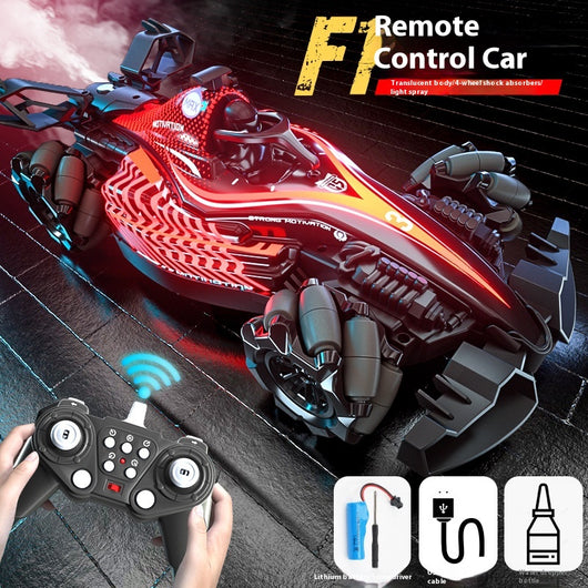 Black and purple remote control stunt car with LED lights and omnidirectional wheels, shown with its remote control and accessories. - Image 2