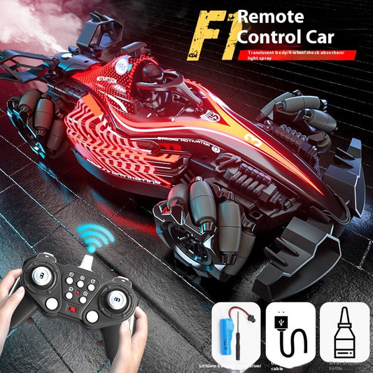 Black and purple remote control stunt car with LED lights and omnidirectional wheels, shown with its remote control and accessories. - Image 2