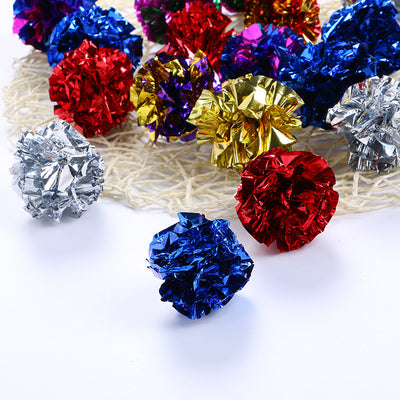 Assorted metallic crinkle foil balls for cats in red, blue, gold, silver, purple, and green colors. - Image 4