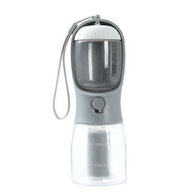 Purple 3-in-1 portable pet water bottle with food compartment, waste bag dispenser, and lanyard. - Image 12