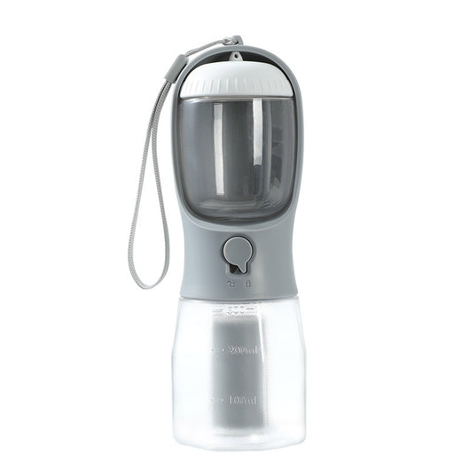 Purple 3-in-1 portable pet water bottle with food compartment, waste bag dispenser, and lanyard. - Image 12