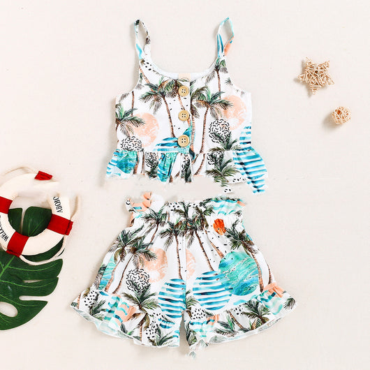Conjunto Niña Blusa y Falda Estampado Coco Tropical