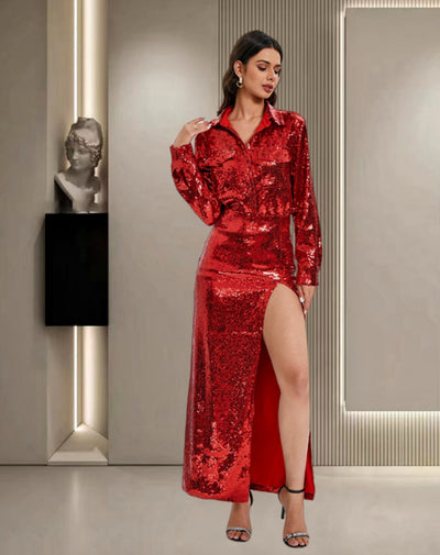 Conjunto Dos Piezas: Blusa Larga con Lentejuelas y Falda Brillante - Image 7
