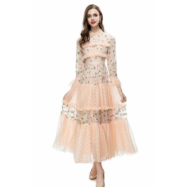 Vestido Largo de Encaje Floral Bordado con Mangas Largas